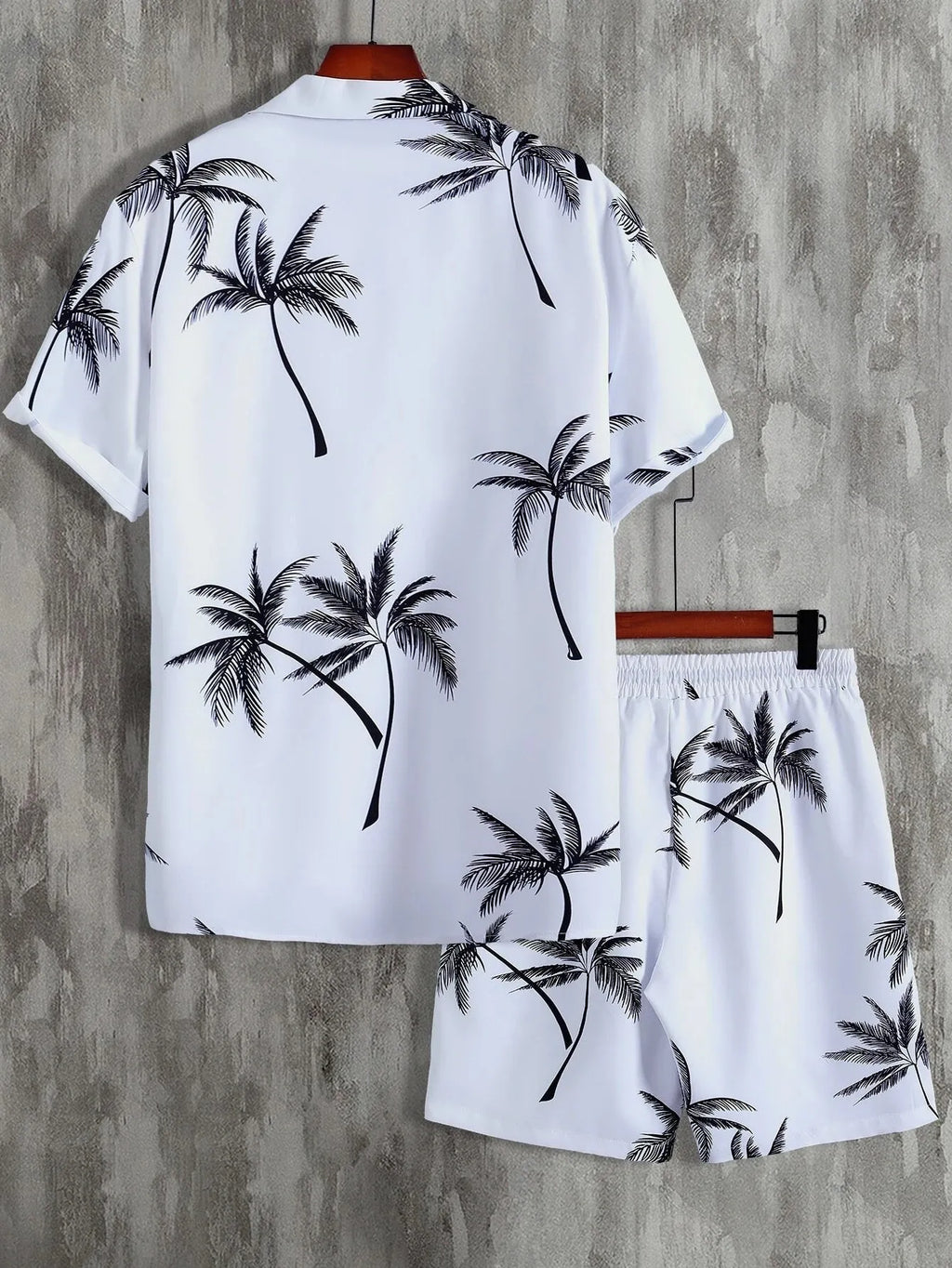 Palm Print Button Up Shirt and Shorts Set Plus Size in Pink for Men