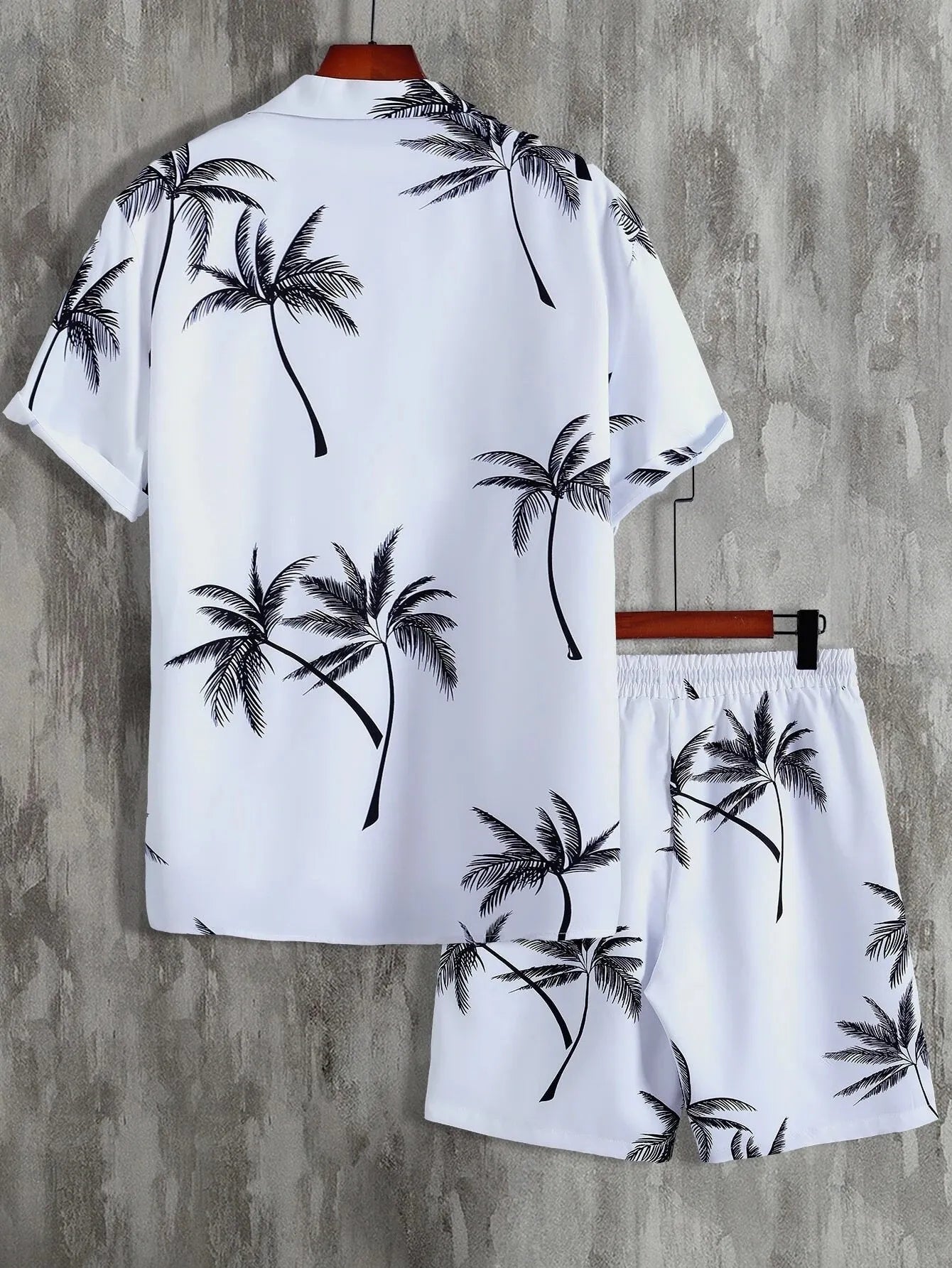 Palm Print Button Up Shirt and Shorts Set Plus Size in Pink for Men