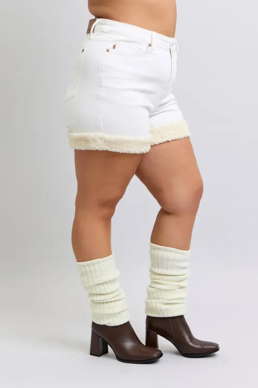High Waist Shearling Cuff Denim Shorts Plus Size for Women