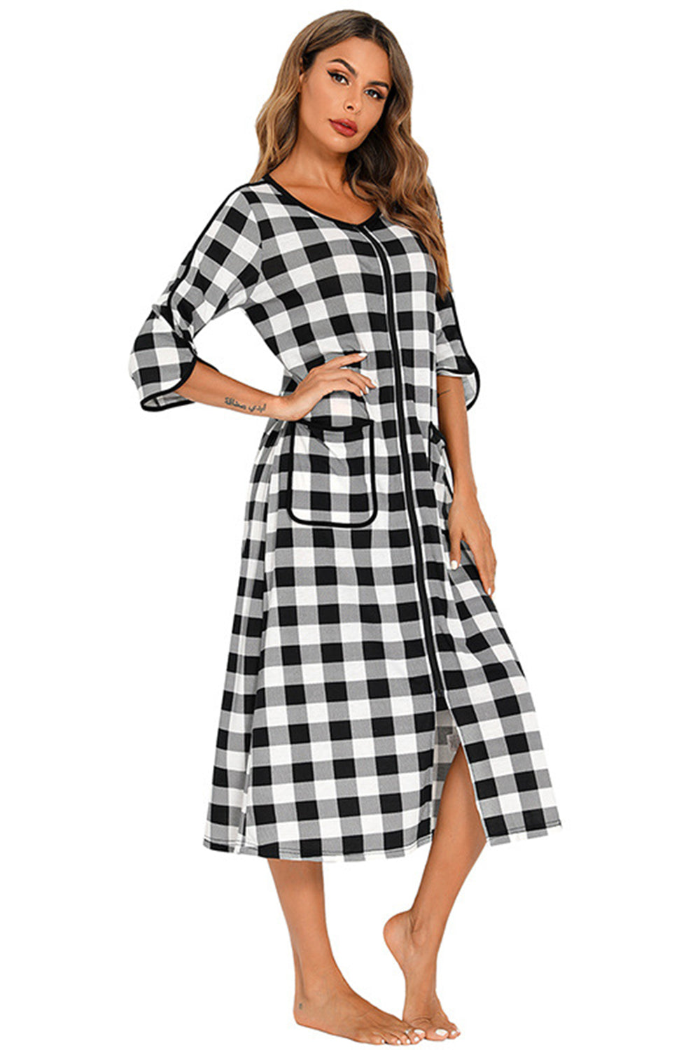Round Neck Three-Quarter Sleeve Midi Night Dress in Red for Women