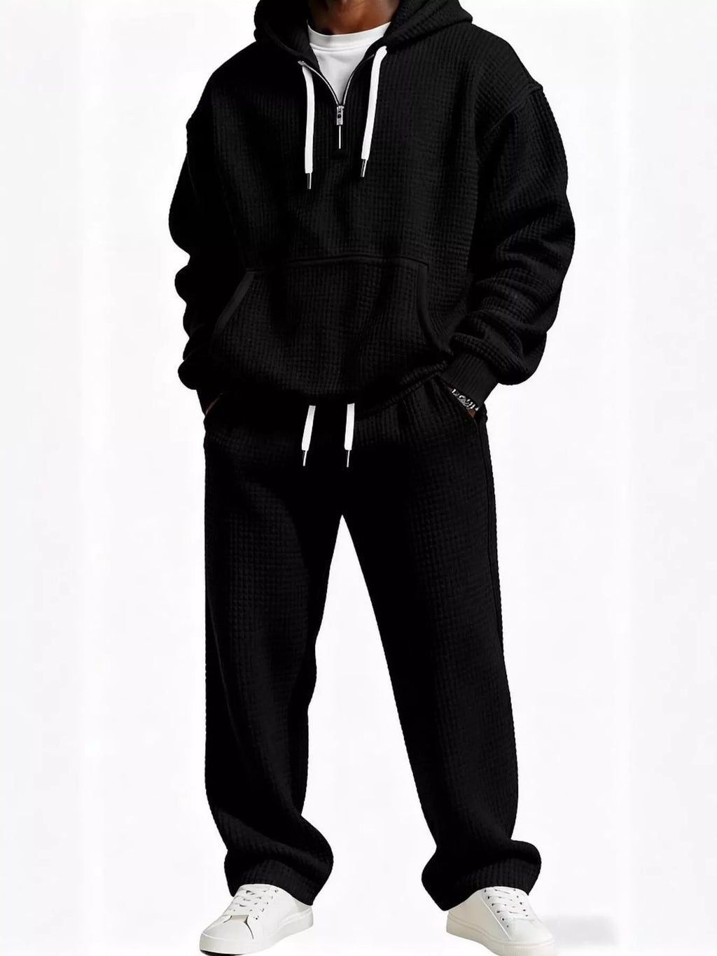 Casual Waffle Knit Hoodie and Pants Set Plus Size in Rust for Men