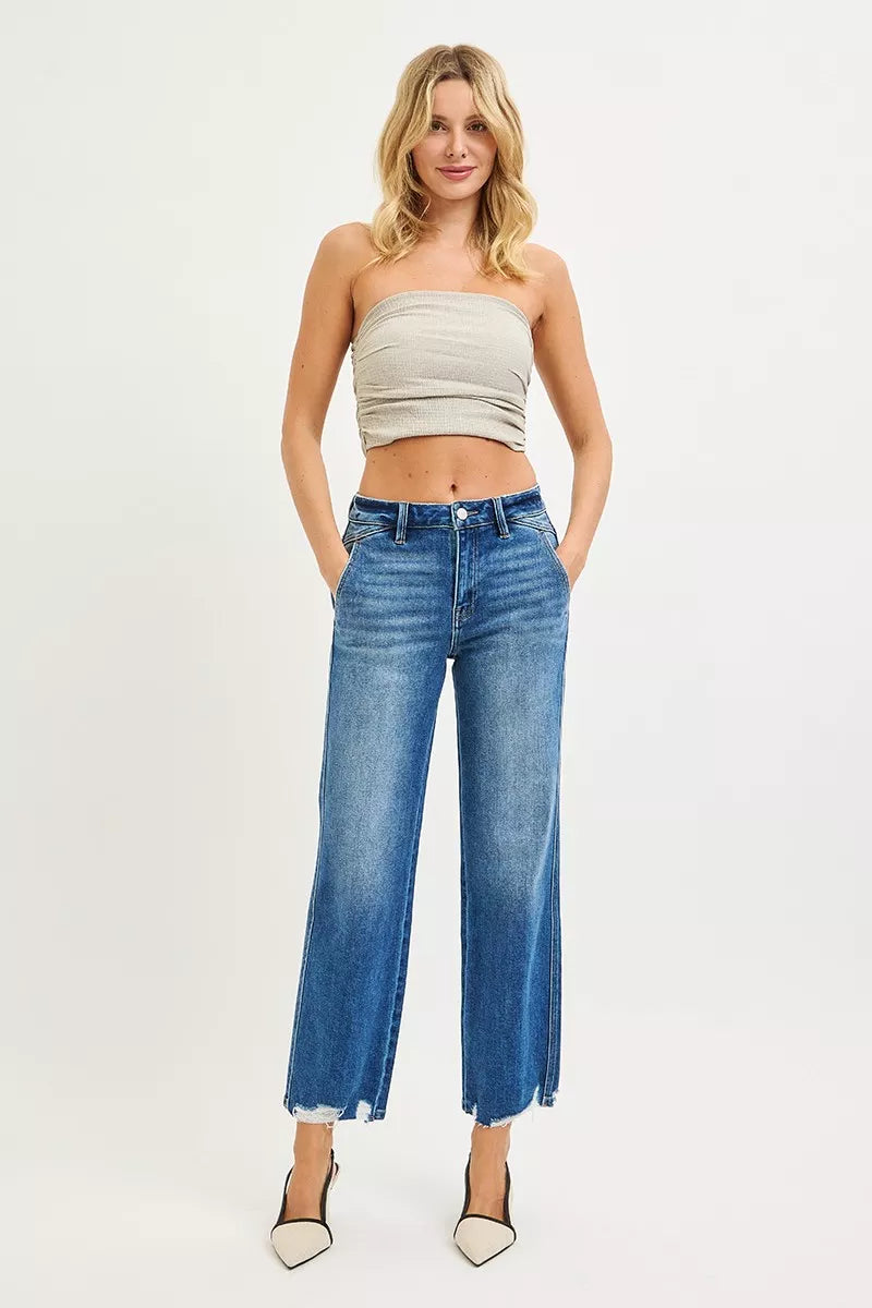 High Rise Ankle Straight Distressed Hem Detail Jeans in Dark for Women
