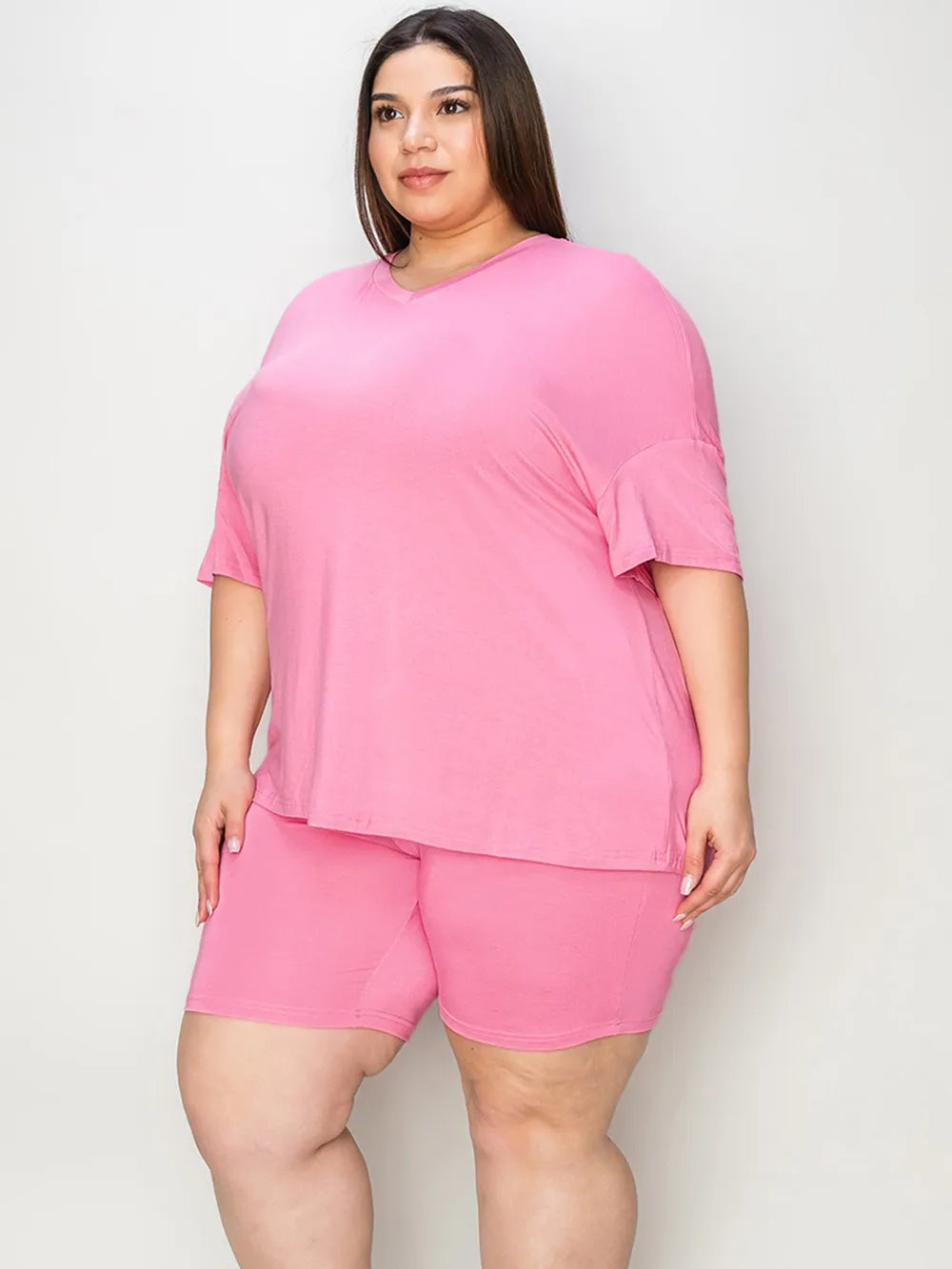 Plus Size V-Neck Drop Shoulder T-Shirt and Shorts Set in Brown for Women