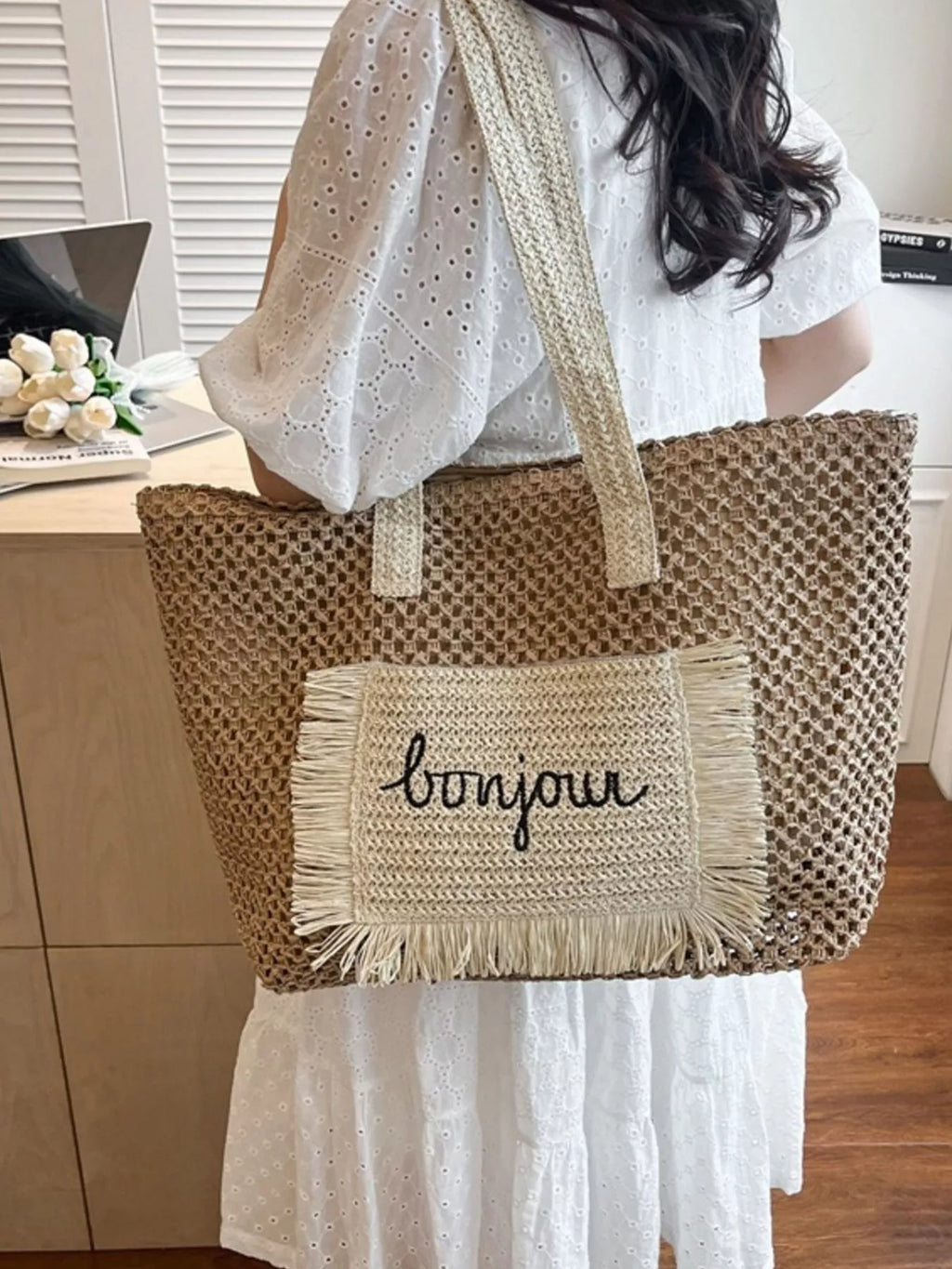 Fringe Straw Shoulder Bag for Women