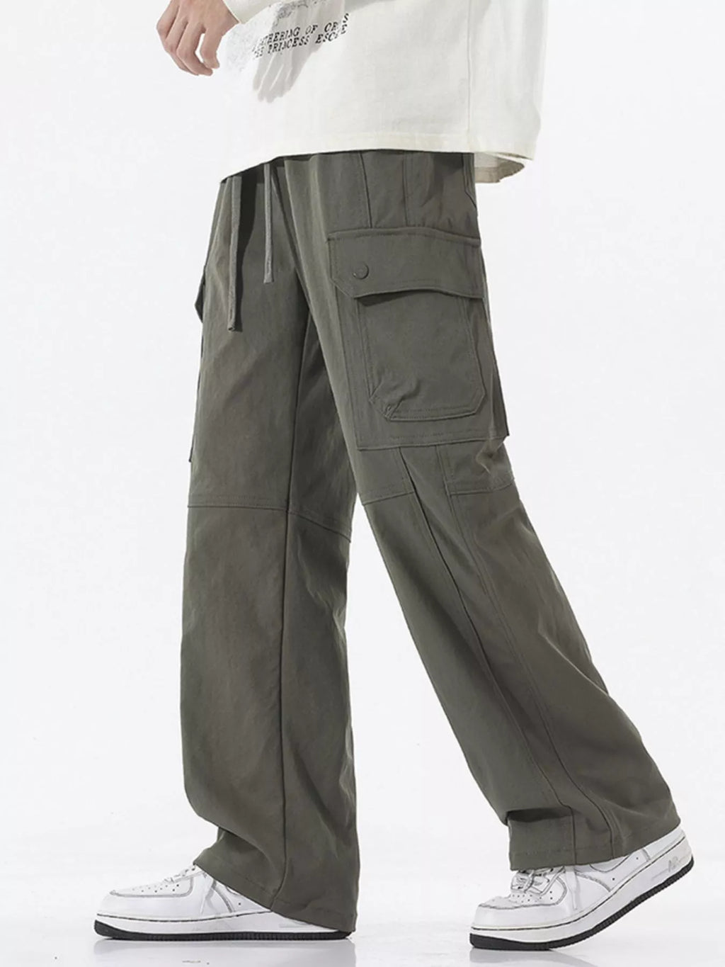 Drawstring Cargo Wide Leg Pants Plus Size in Black for Men