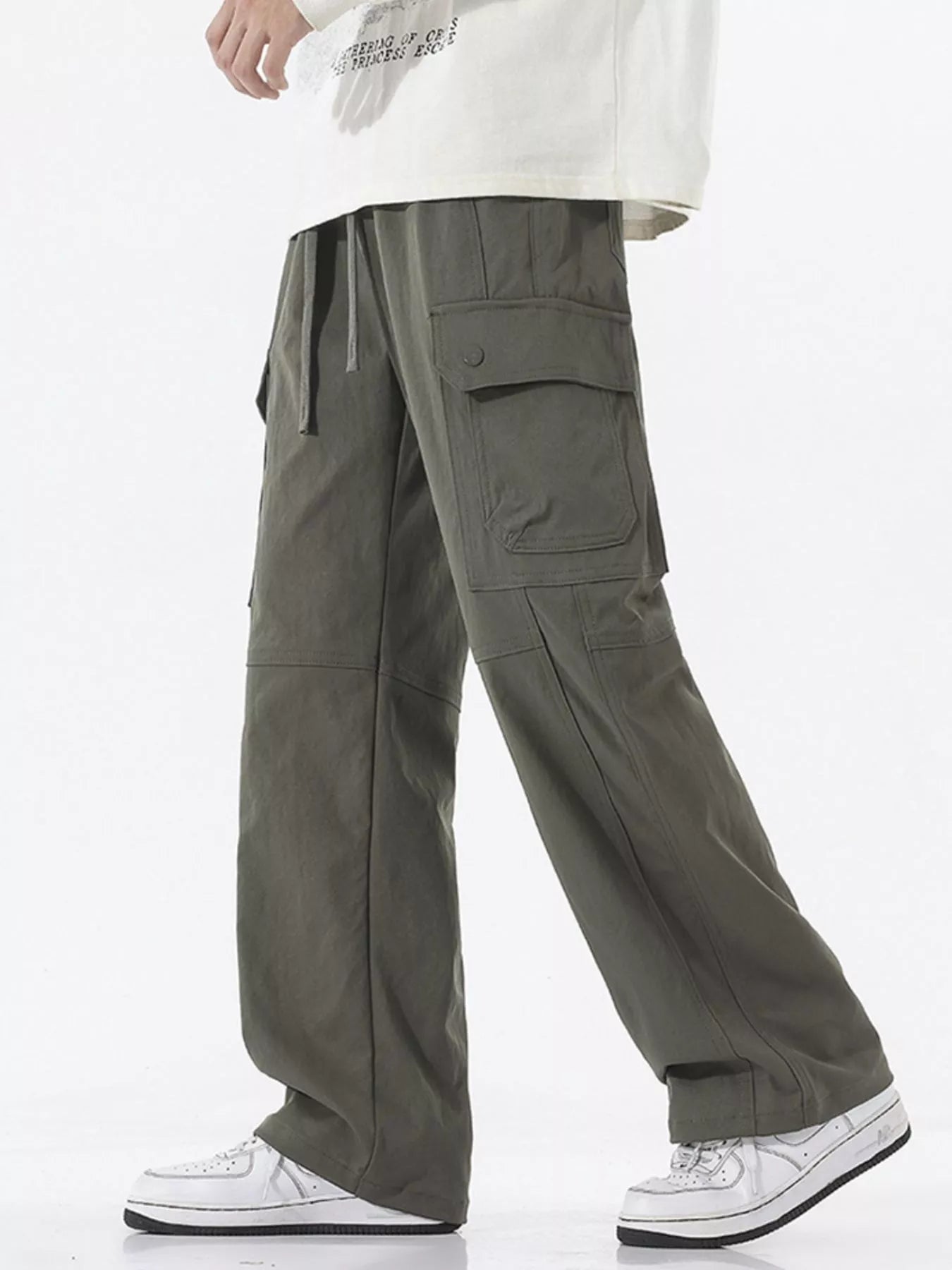 Drawstring Cargo Wide Leg Pants Plus Size in Black for Men