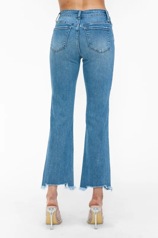Raw Hem Distressed Mid Rise Crop Jeans in Medium for Women