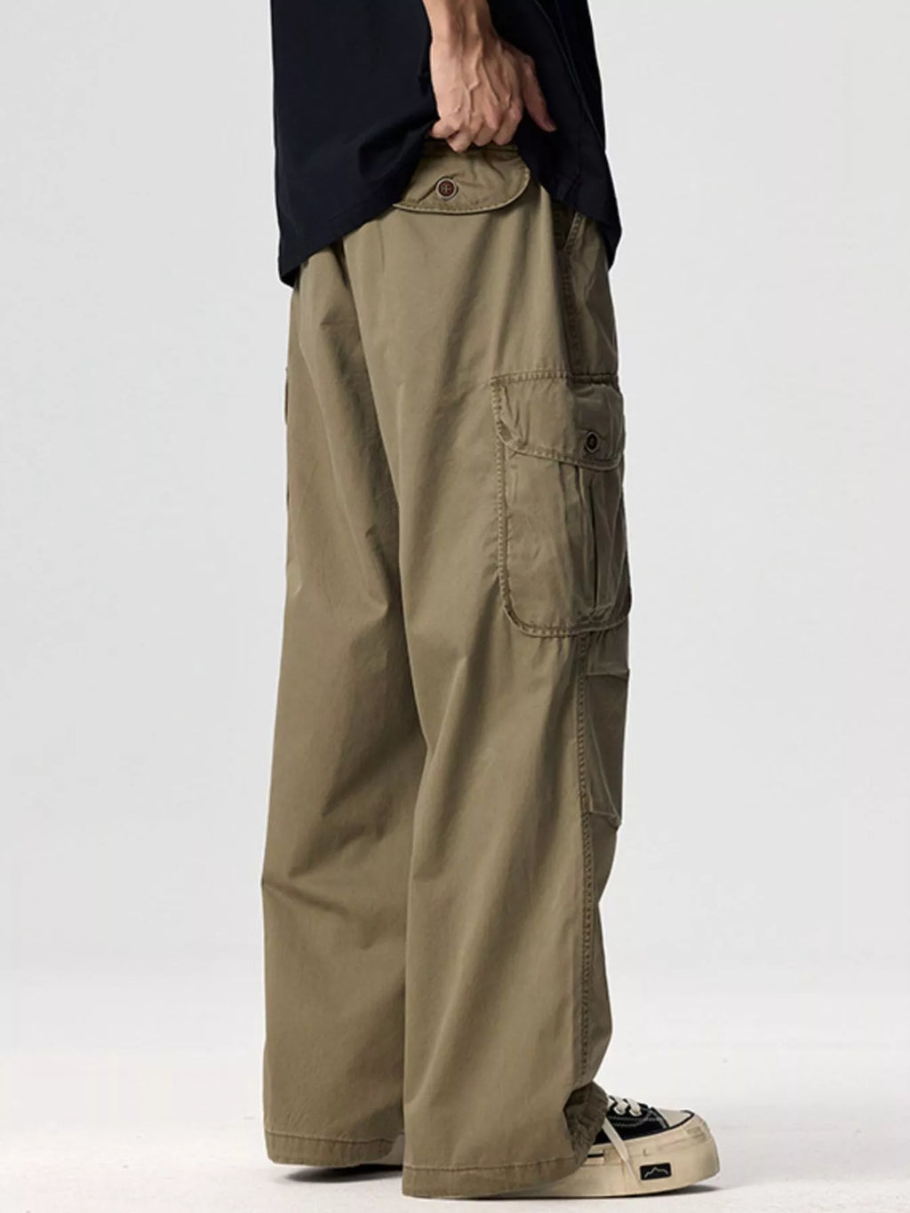 Plus Size Drawstring Wide Leg Cargo Pants in Black for Men