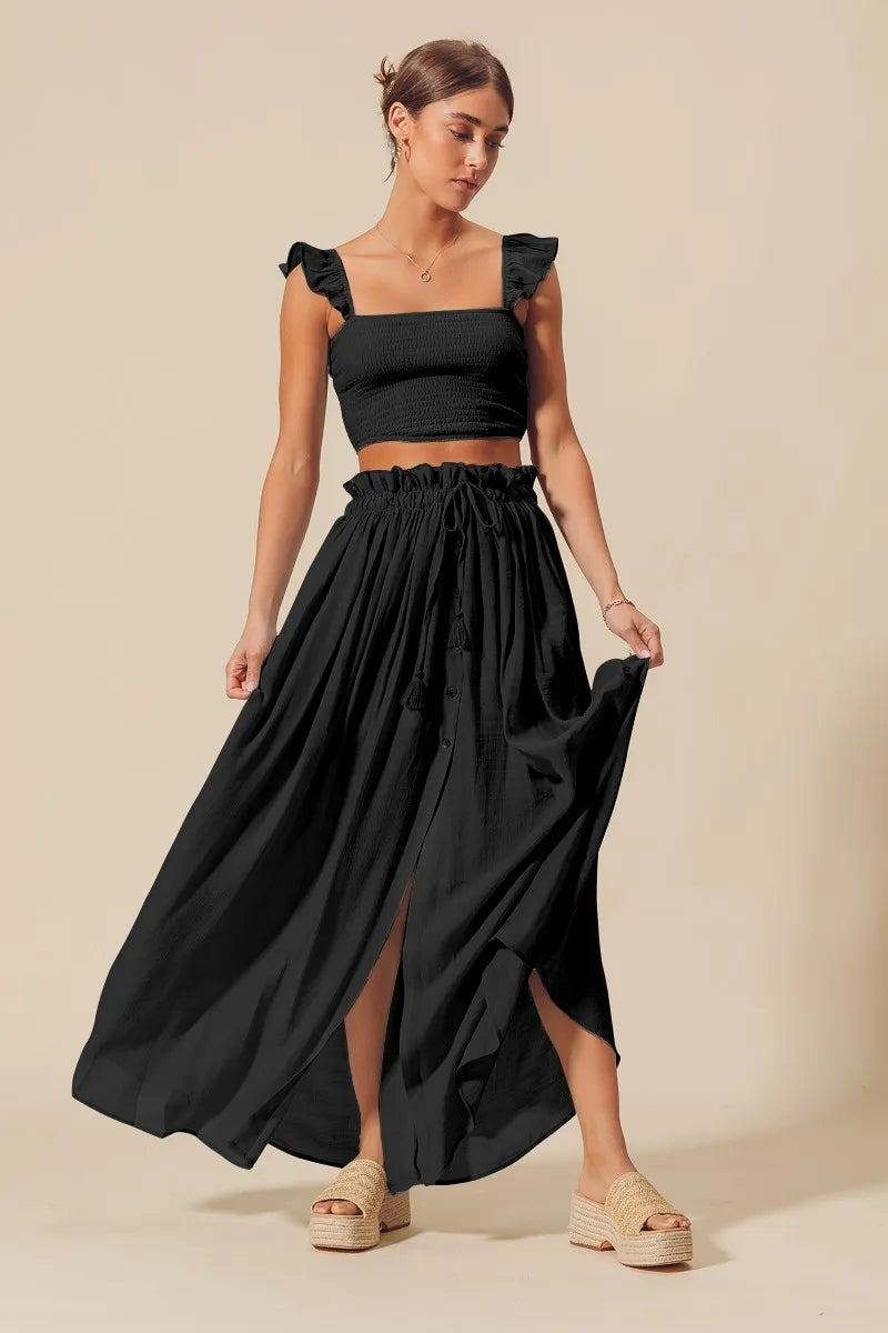 Smocked Top and Flowy Maxi Skirt Set in Black for Women