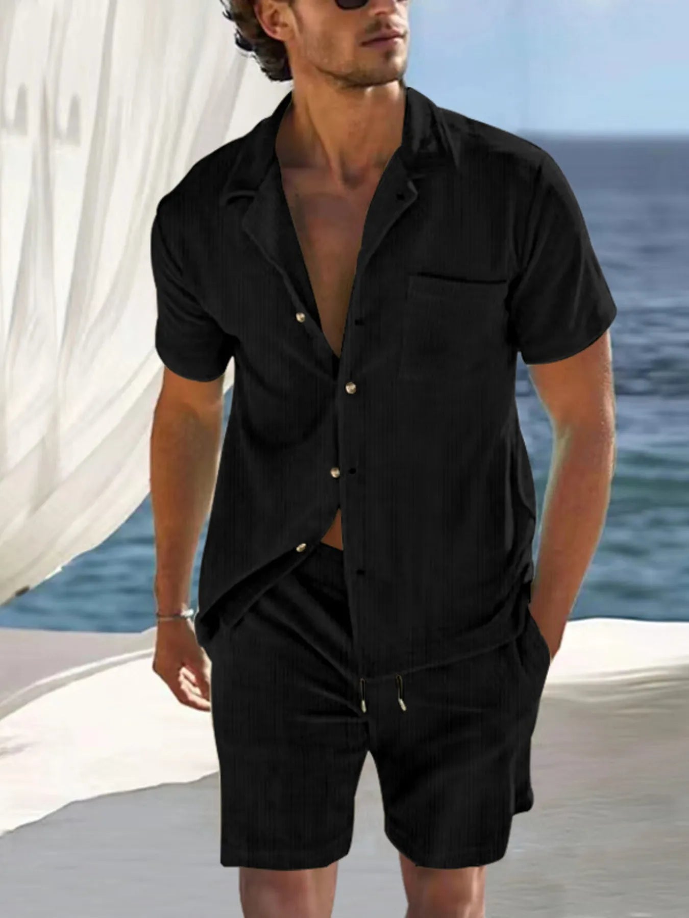 Button Detail Short Sleeve Top and Shorts Set Plus Size in Classic in White for Men