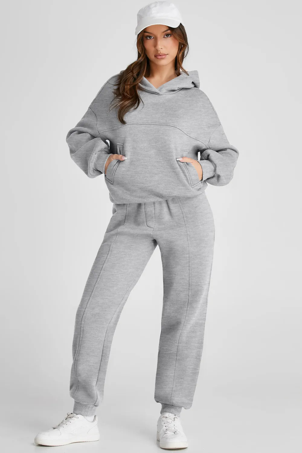 Dropped Shoulder Long Sleeve Hoodie and Pants Active Set in Gray for Women