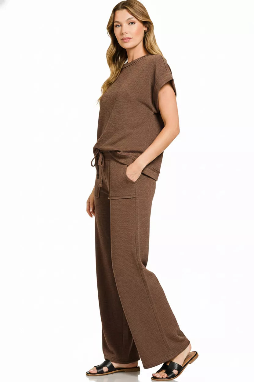 Cotton Slub Short Sleeve Tee and Pants Set in Brown for Women