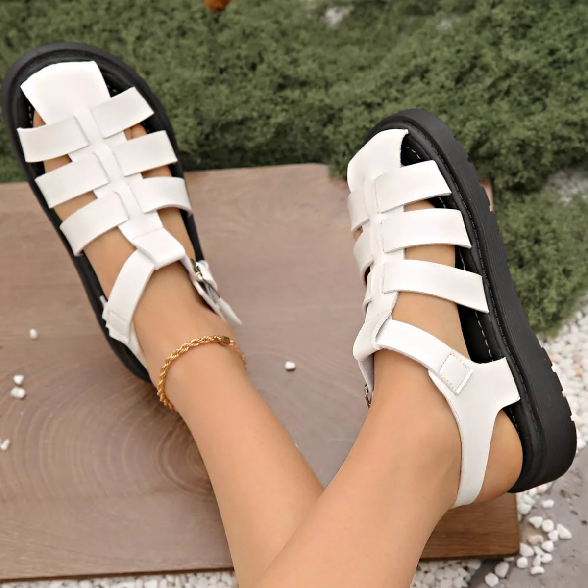Round Toe Platform Sandals in White for Women