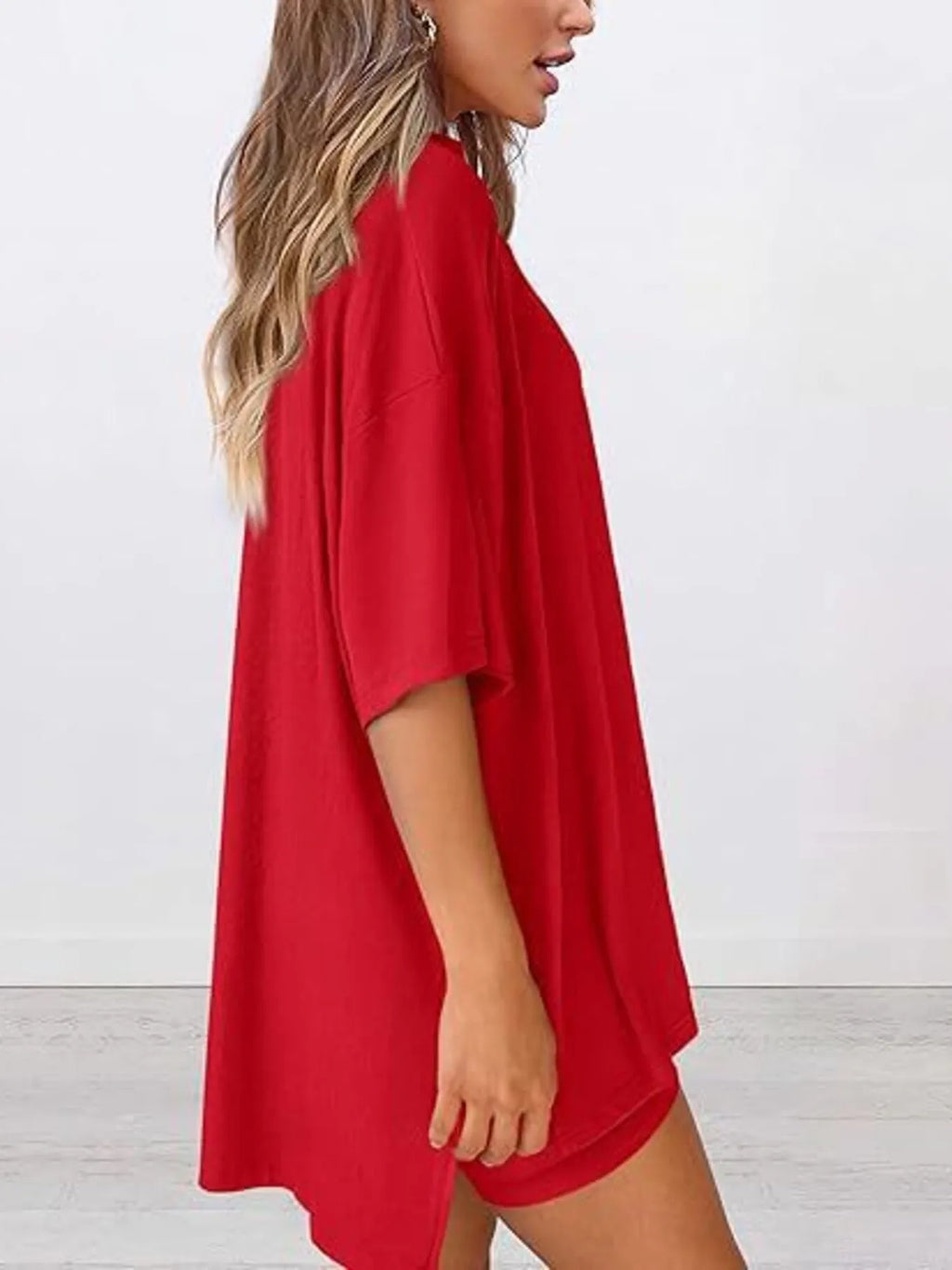 Oversized Slit Round Neck Top and Shorts Lounge Set Plus Size in Black for Women