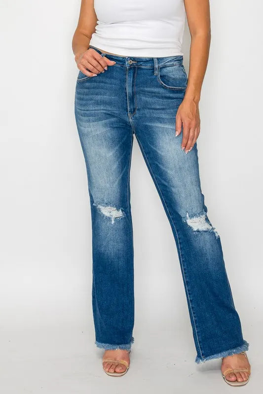 Plus Size Raw Hem Distressed High Rise Bootcut Jeans in Medium for Women