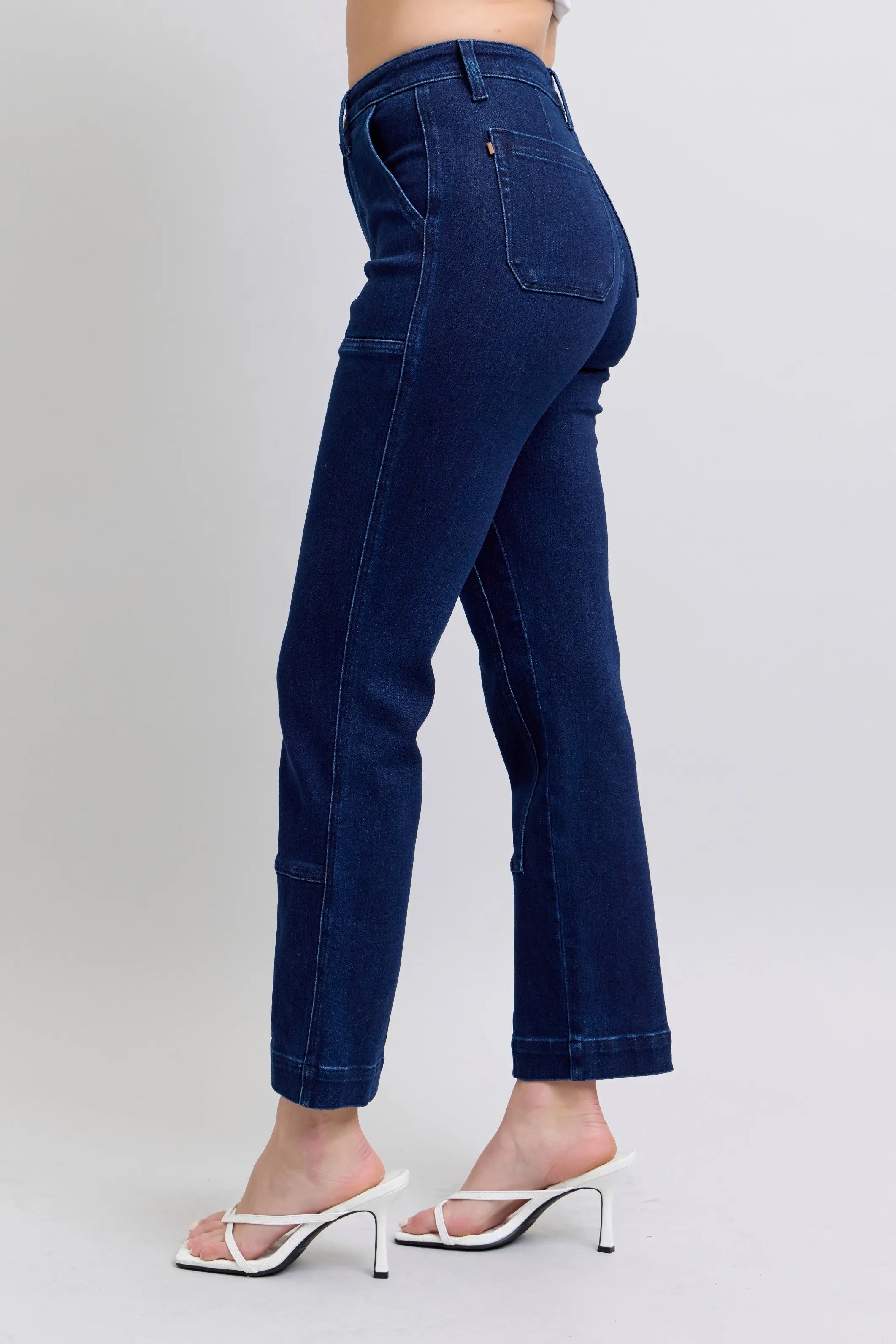 High Waist Work Wear Knee Patch Straight Jeans Plus Size in Dark for Women