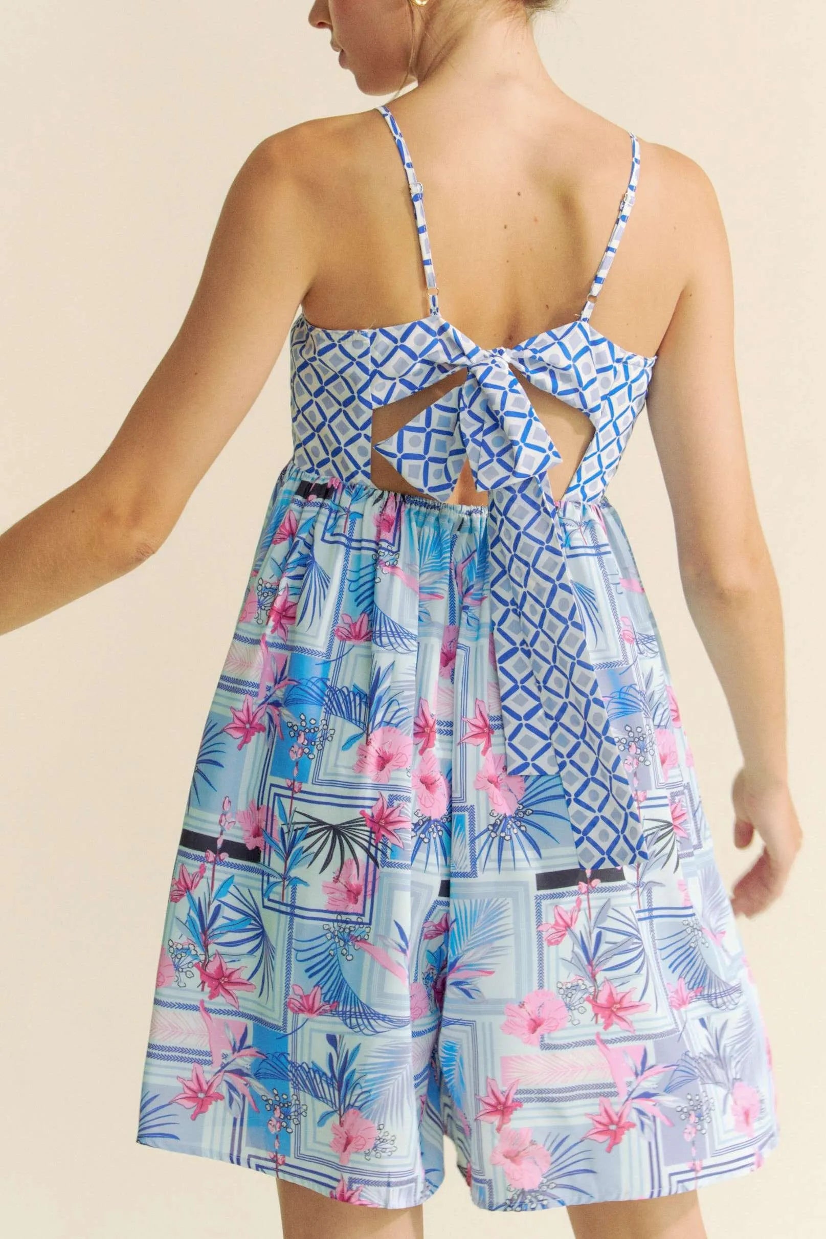 Tropical Floral Geo Print Tie Back Tube Top Romper for Women