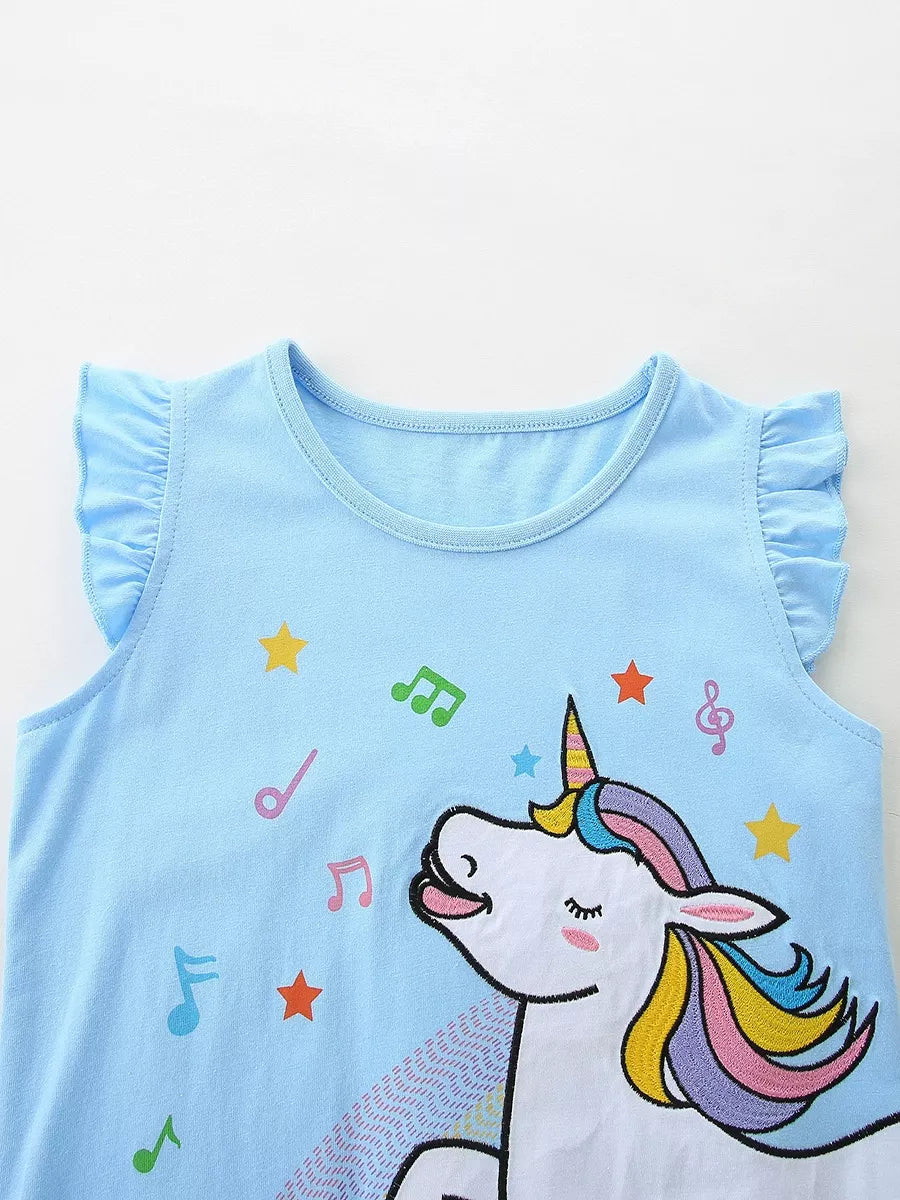 Unicorn Ruffle Trim Top and Shorts Set in Pastel Blue for Girls