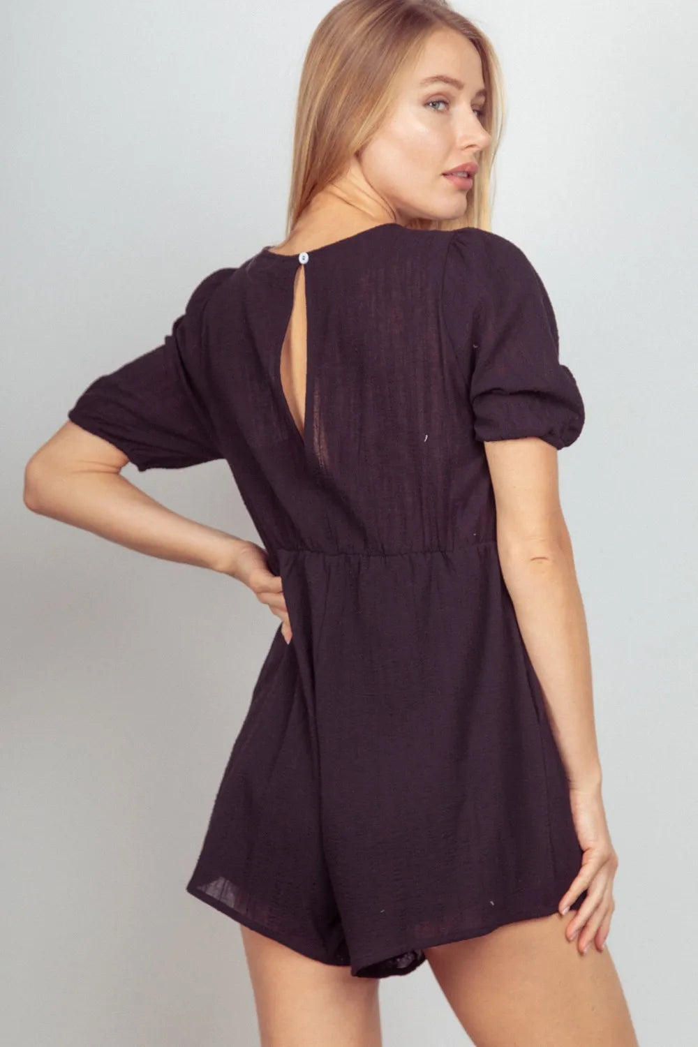 Lace Detail Puff Sleeve Romper with Pockets in Black for Women