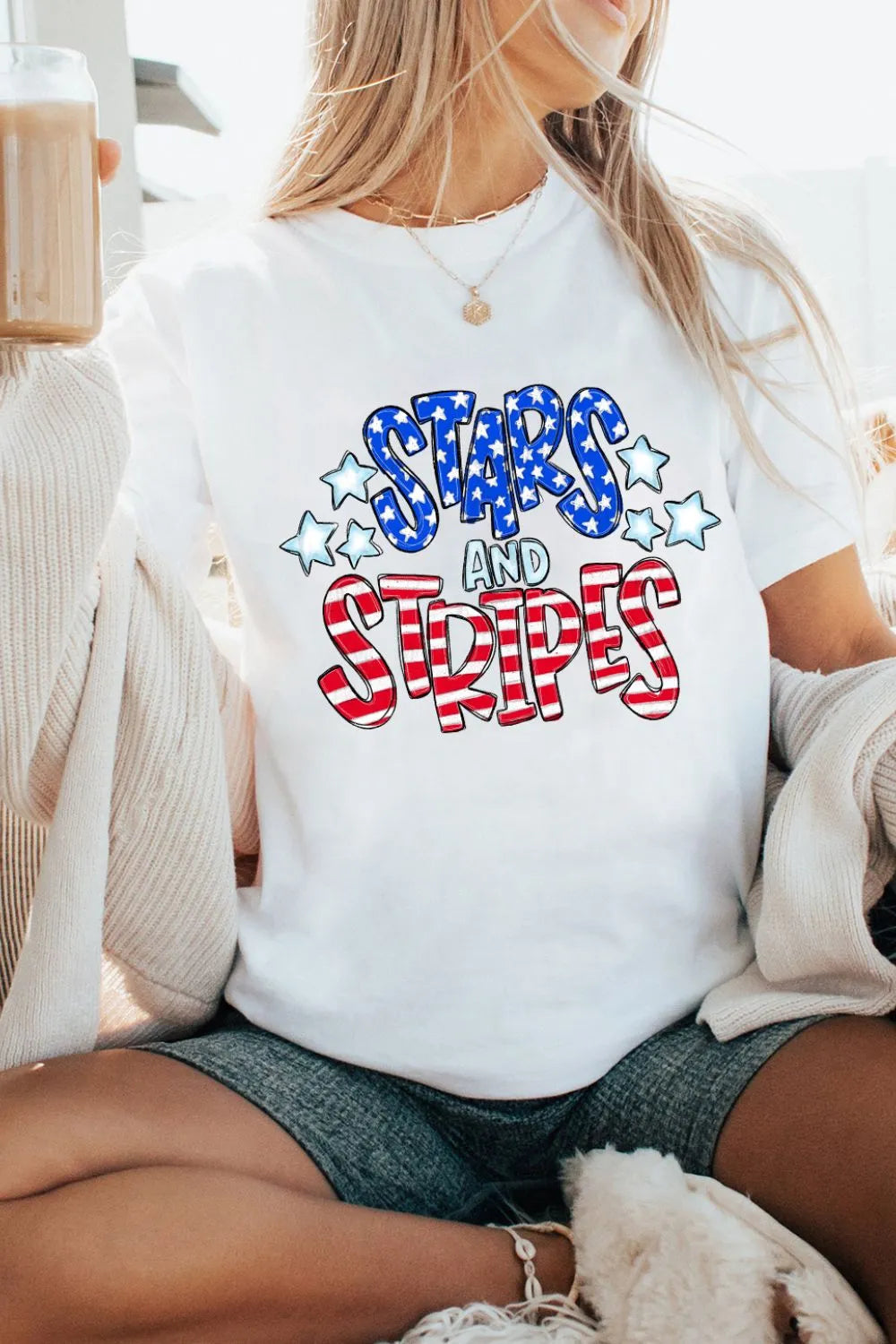 Stars and Stripes Round Neck Short Sleeve T-Shirt in White for Women