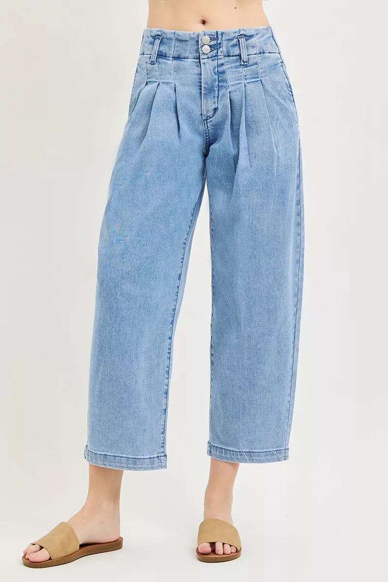 Slouchy Crop Barrel Pleated Jeans in Medium for Women