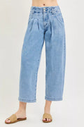 Slouchy Crop Barrel Pleated Jeans in Medium for Women