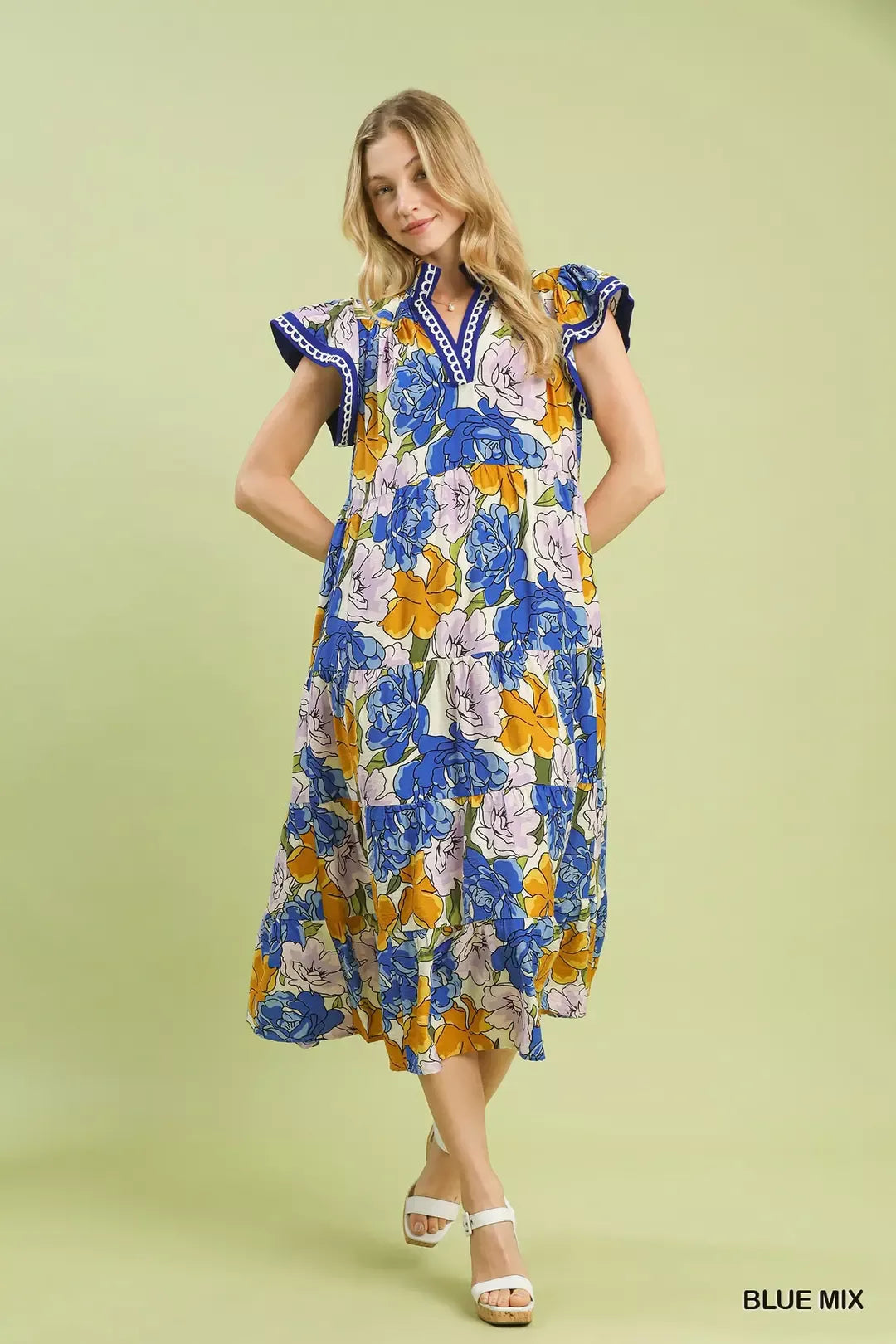 Mix Bold Floral Tiered Midi Dress in Blue Mix for Women