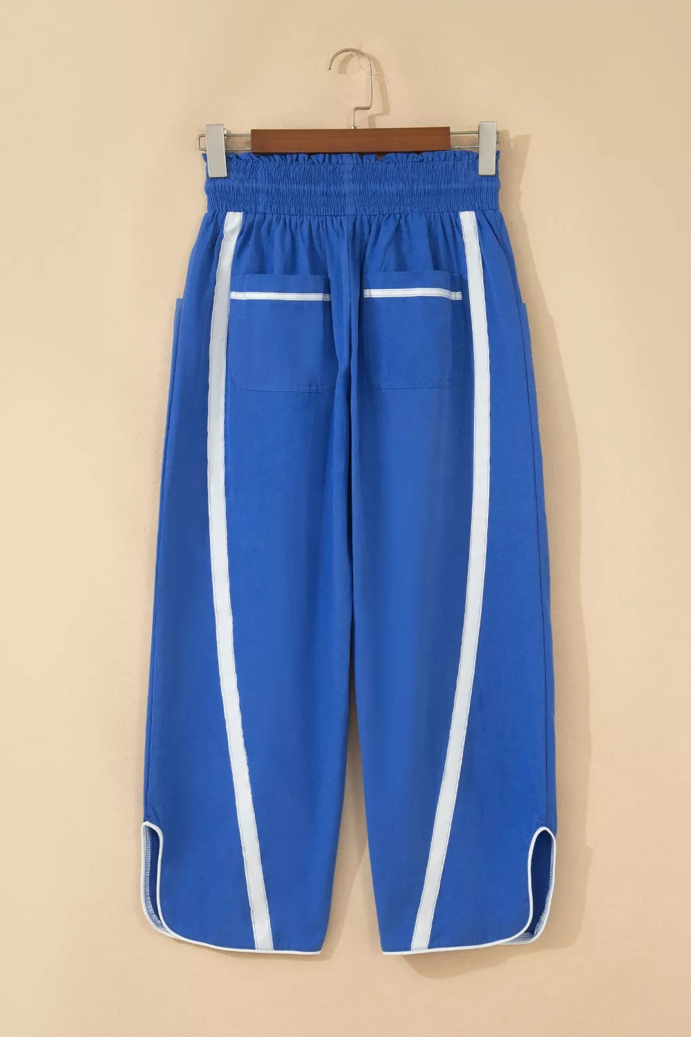 Contrast Striped Smocked Waist Drawstring Cropped Casual Pants in Royal Blue for Women
