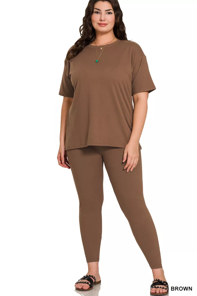 Brushed Dty Microfiber Short Sleeve Top and Pants Loungewear Set Plus Size in Brown for Women
