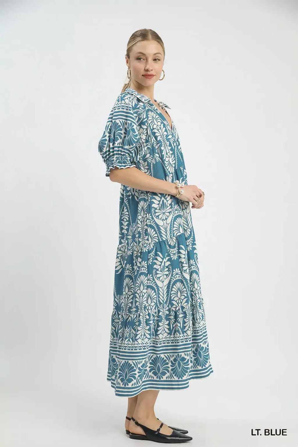 Two Tone Border Print Midi Dress in Light Blue for Women