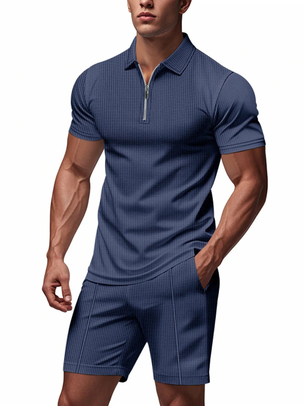 Plus Size Quarter Zip Short Sleeve Top and Shorts Set in Green for Men