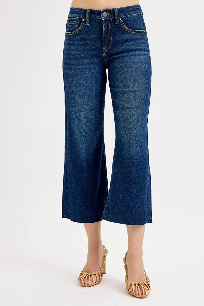 Tummy Control High Rise Crop Wide Jeans Plus Size in Dark for Women