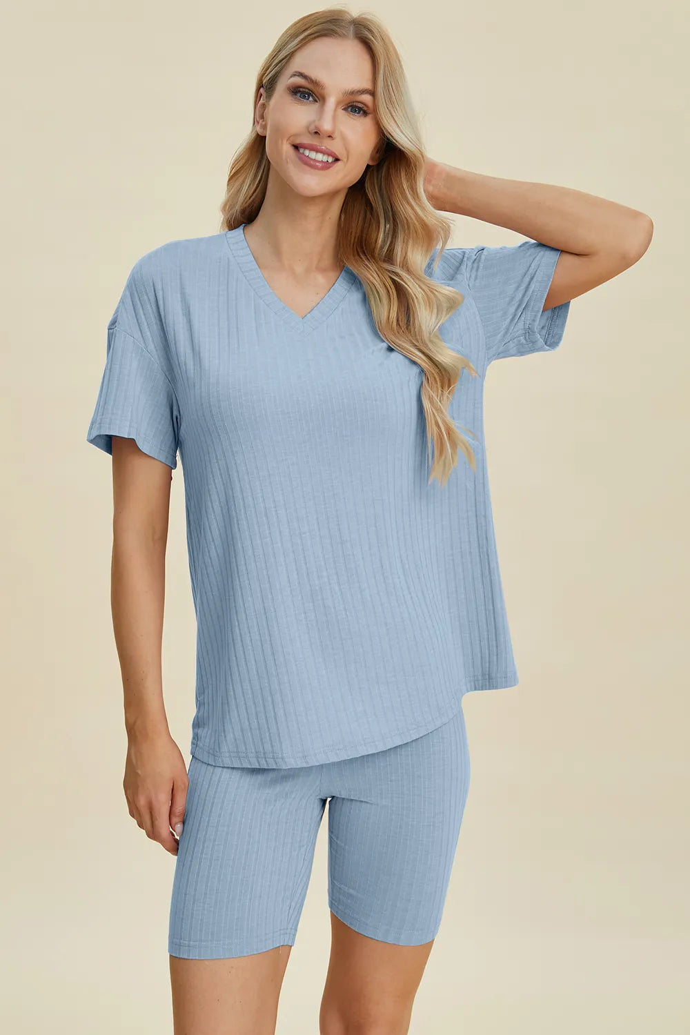 Plus Size Ribbed V-Neck Short Sleeve Top and Shorts Set in Chartreuse for Women