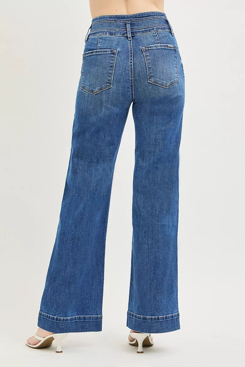 High Rise Wide Leg Wide Band Detail Jeans in Dark for Women