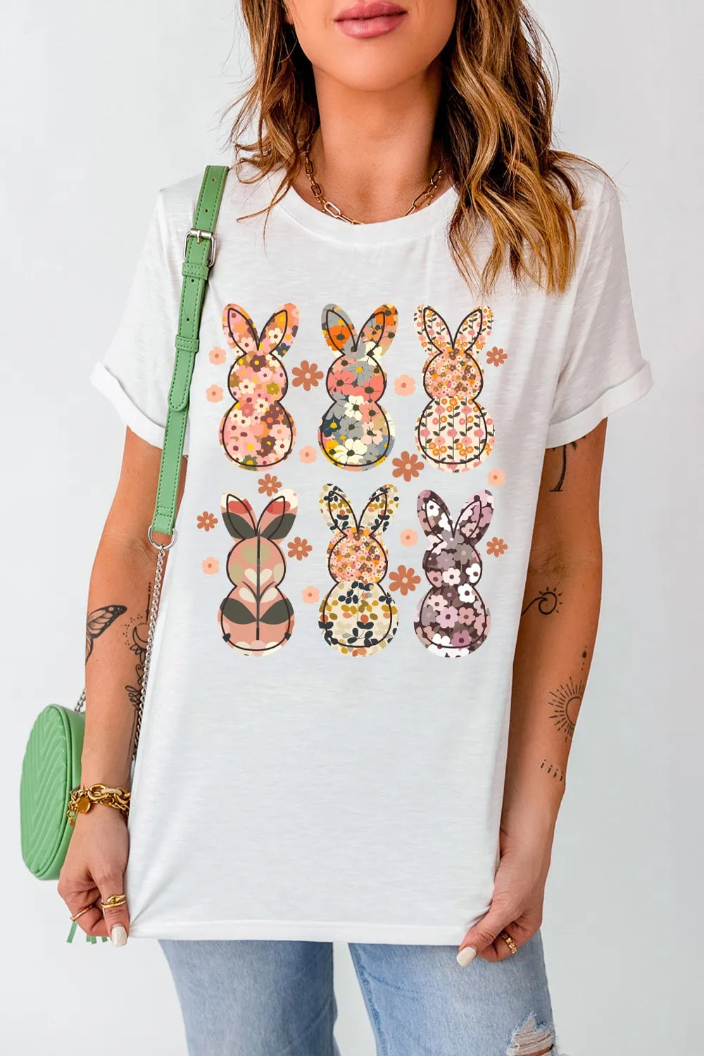 Floral Bunny Graphic Crewneck Short Sleeve T-Shirt in White for Women