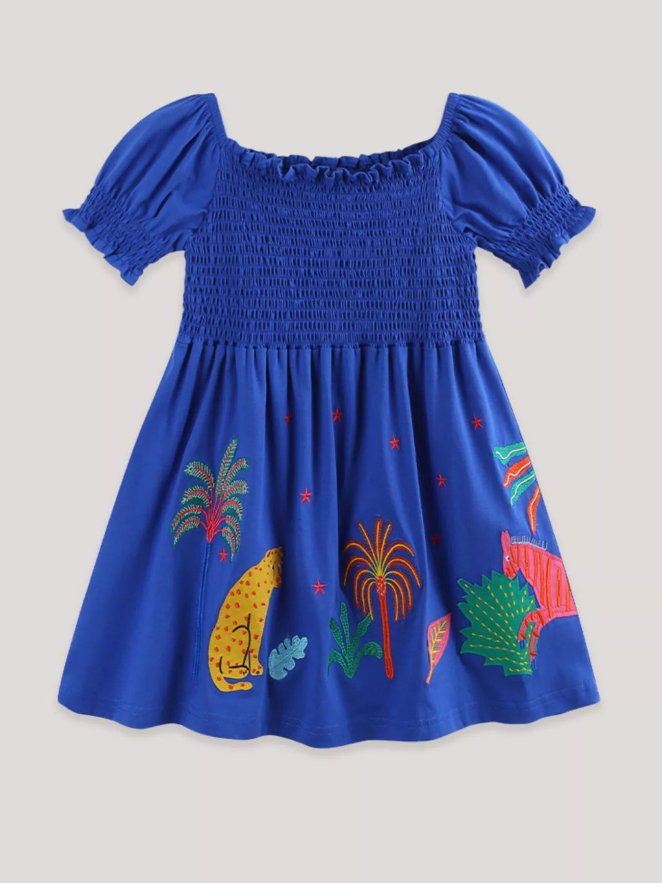 Smocked Animal Puff Sleeve Dress in Royal Blue for Girls