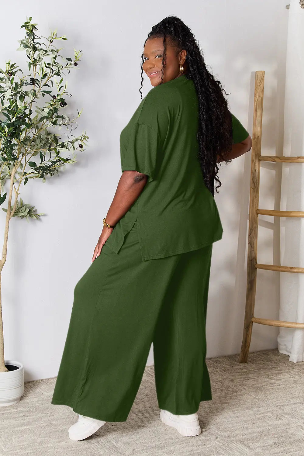Plus Size Round Neck Slit Top and Pants Set in Army Green for Women