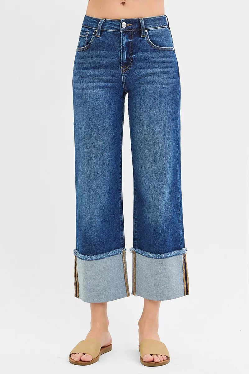 Mid Rise Crop Wide Wide Cuffed Jeans Plus Size in Dark for Women