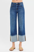 Mid Rise Crop Wide Wide Cuffed Jeans Plus Size in Dark for Women
