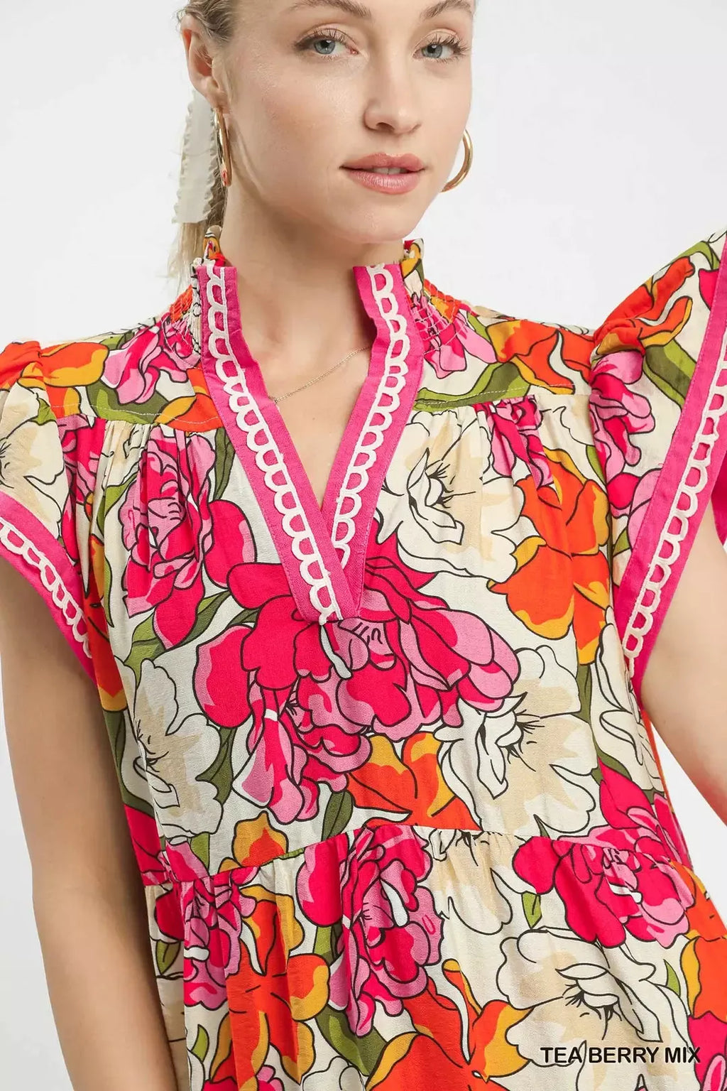 Mix Bold Floral Tiered Midi Dress in Tea Berry Mix for Women