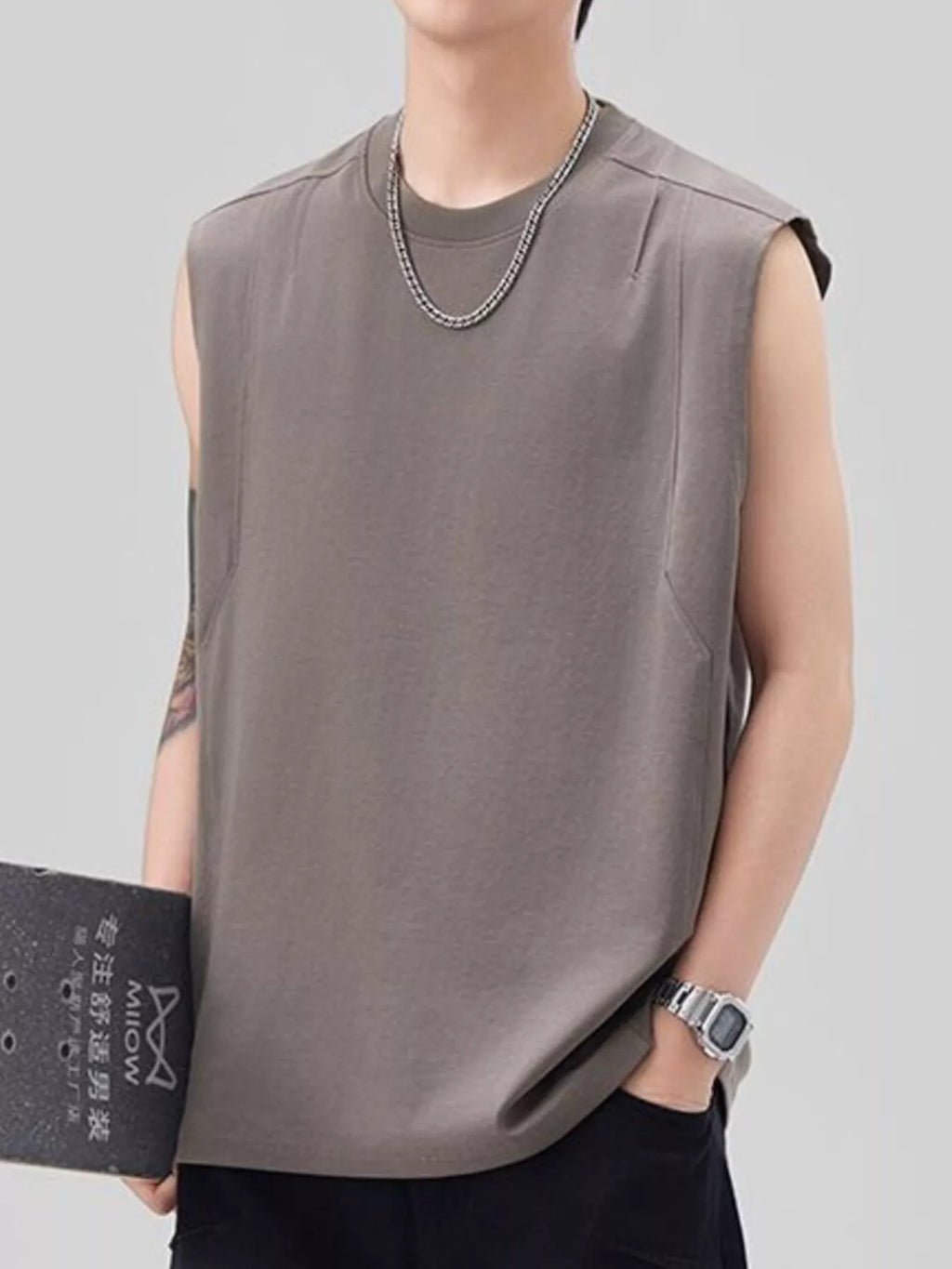 Plus Size Solid Color Casual Tank Top in Grey for Men