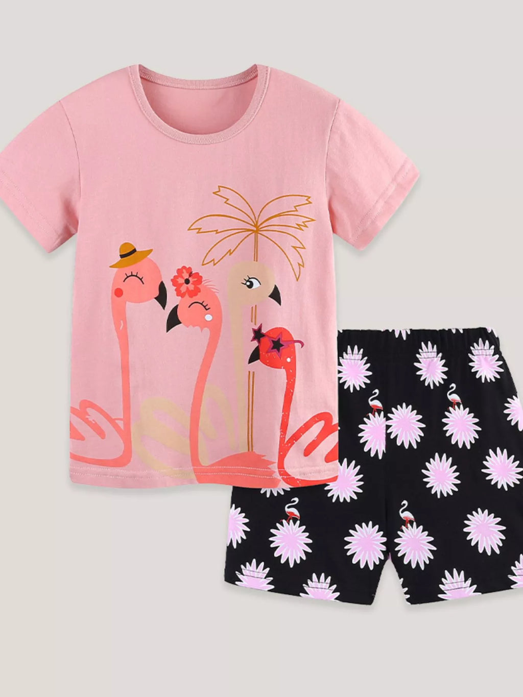 Flamingo Print Tee and Shorts Set in Dusty Pink for Girls