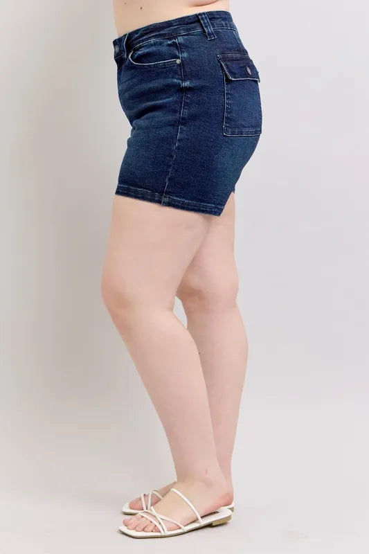 High Waist Back Flap Pocket Denim Shorts Plus Size for Women