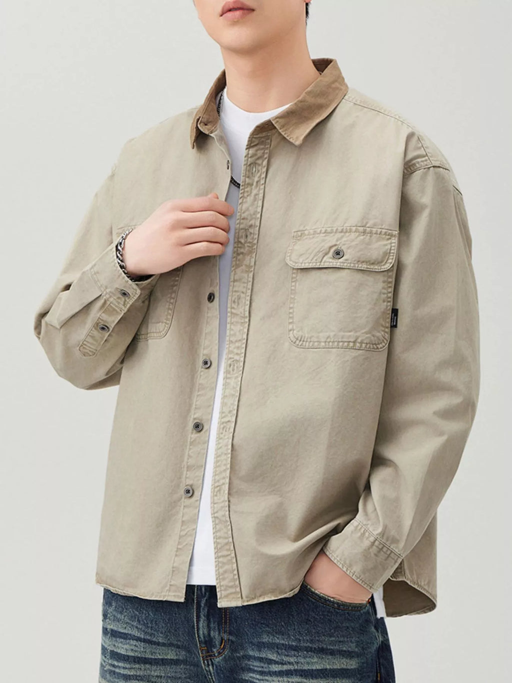 Plus Size Button Up Long Sleeve Shirt in Dark Gray for Men