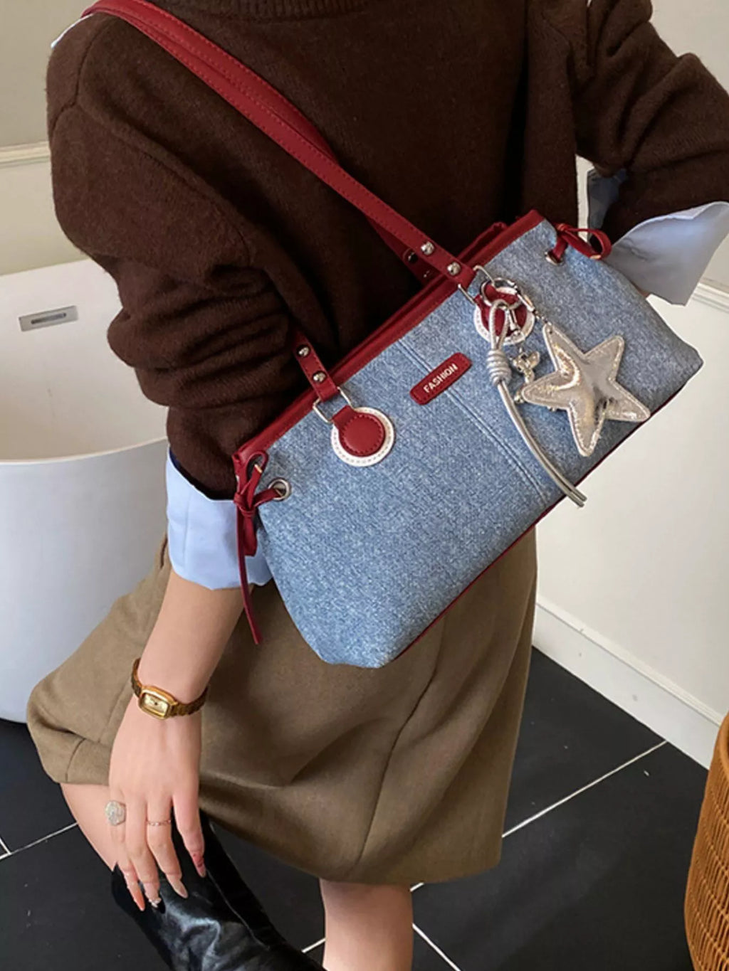 Denim Shoulder Bag with Star Charm for Women