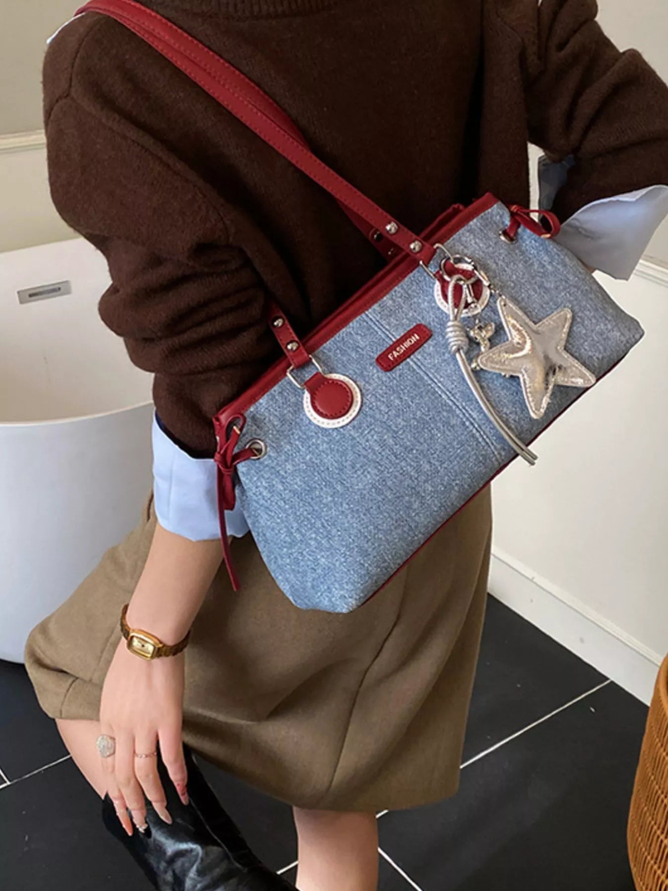 Denim Shoulder Bag with Star Charm for Women