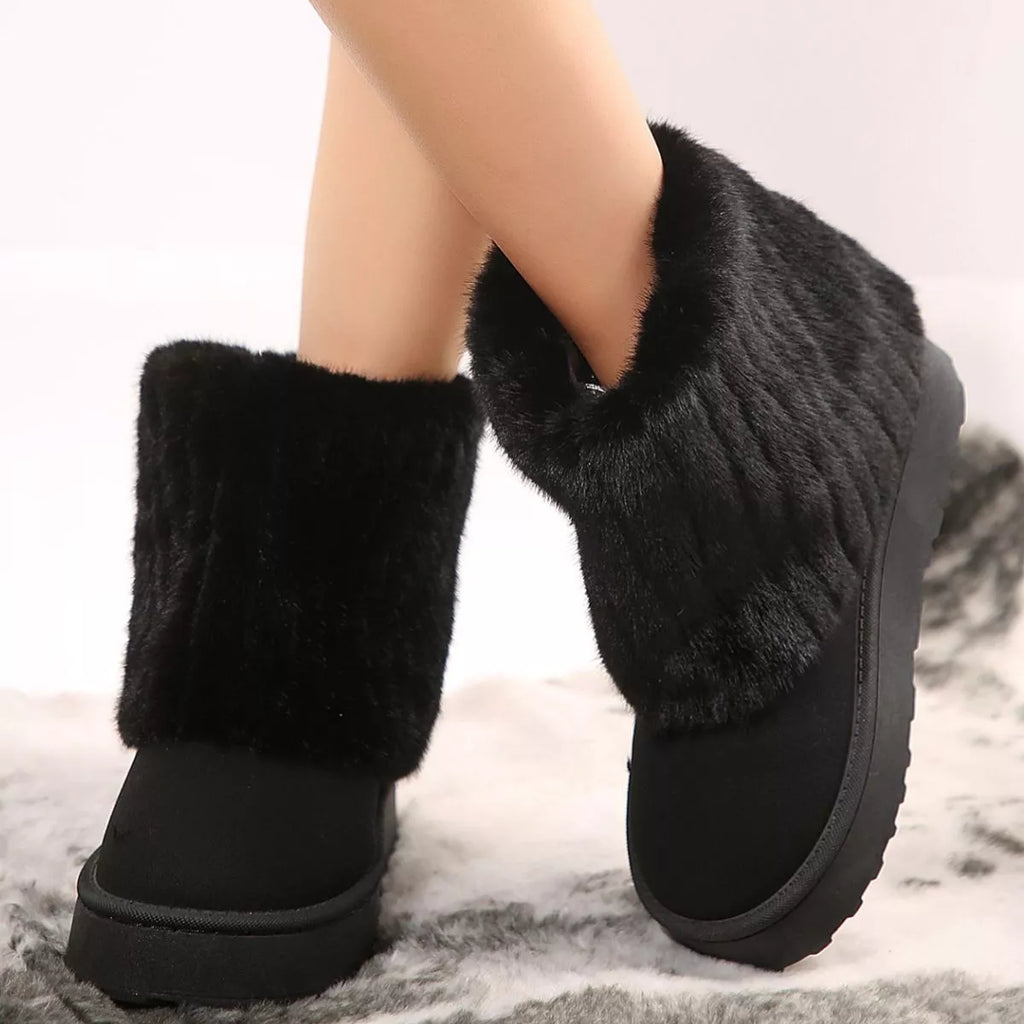 Fuzzy Round Toe Platform Boots in Camel for Women