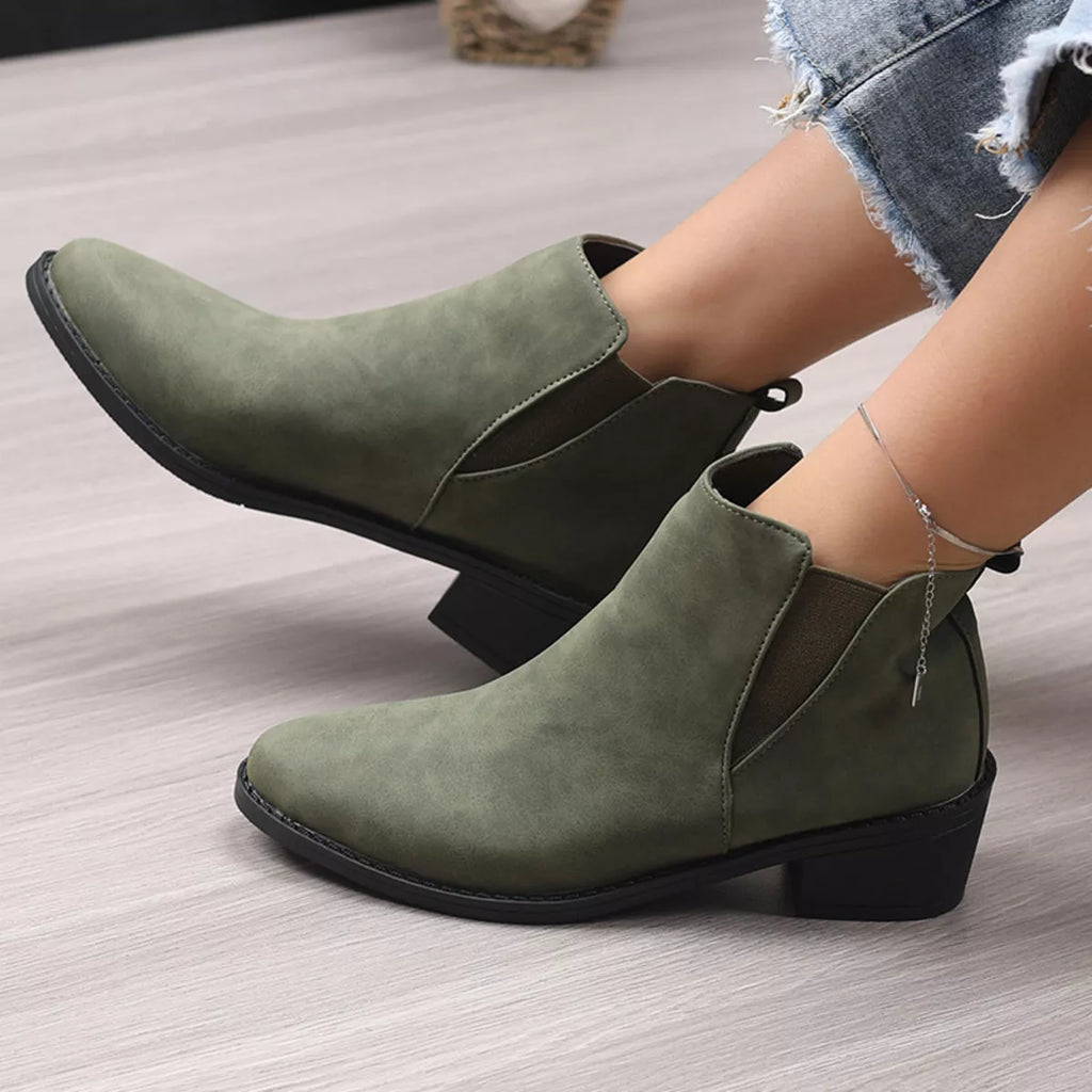 Point Toe Block Heels Ankle Boots in Black for Women
