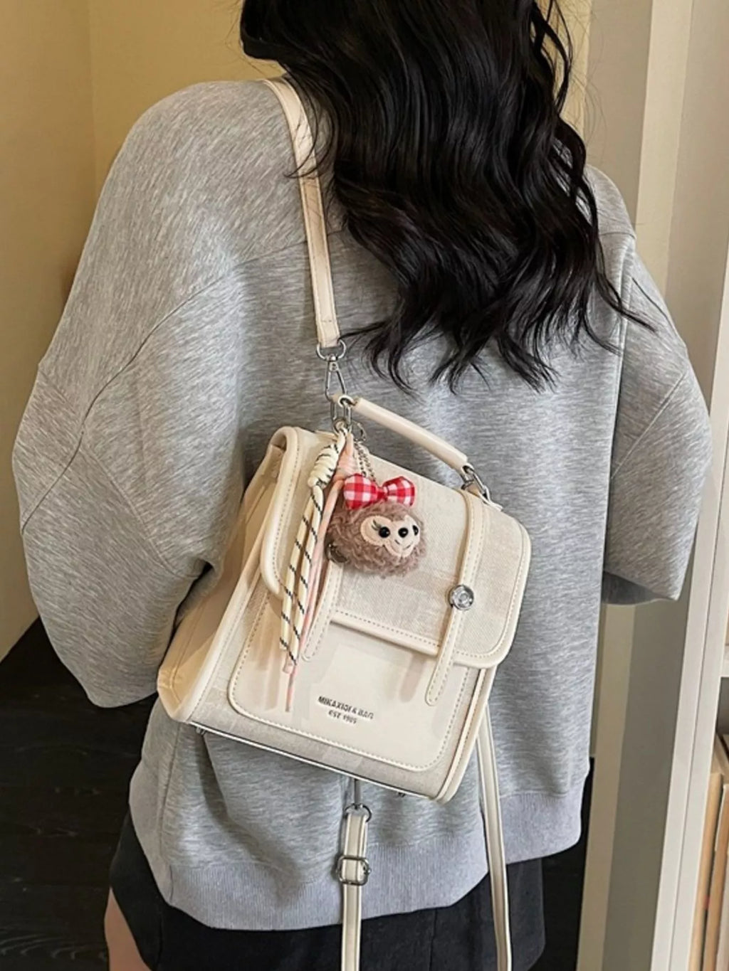 Flap Backpack Bag with Plush Charm for Women