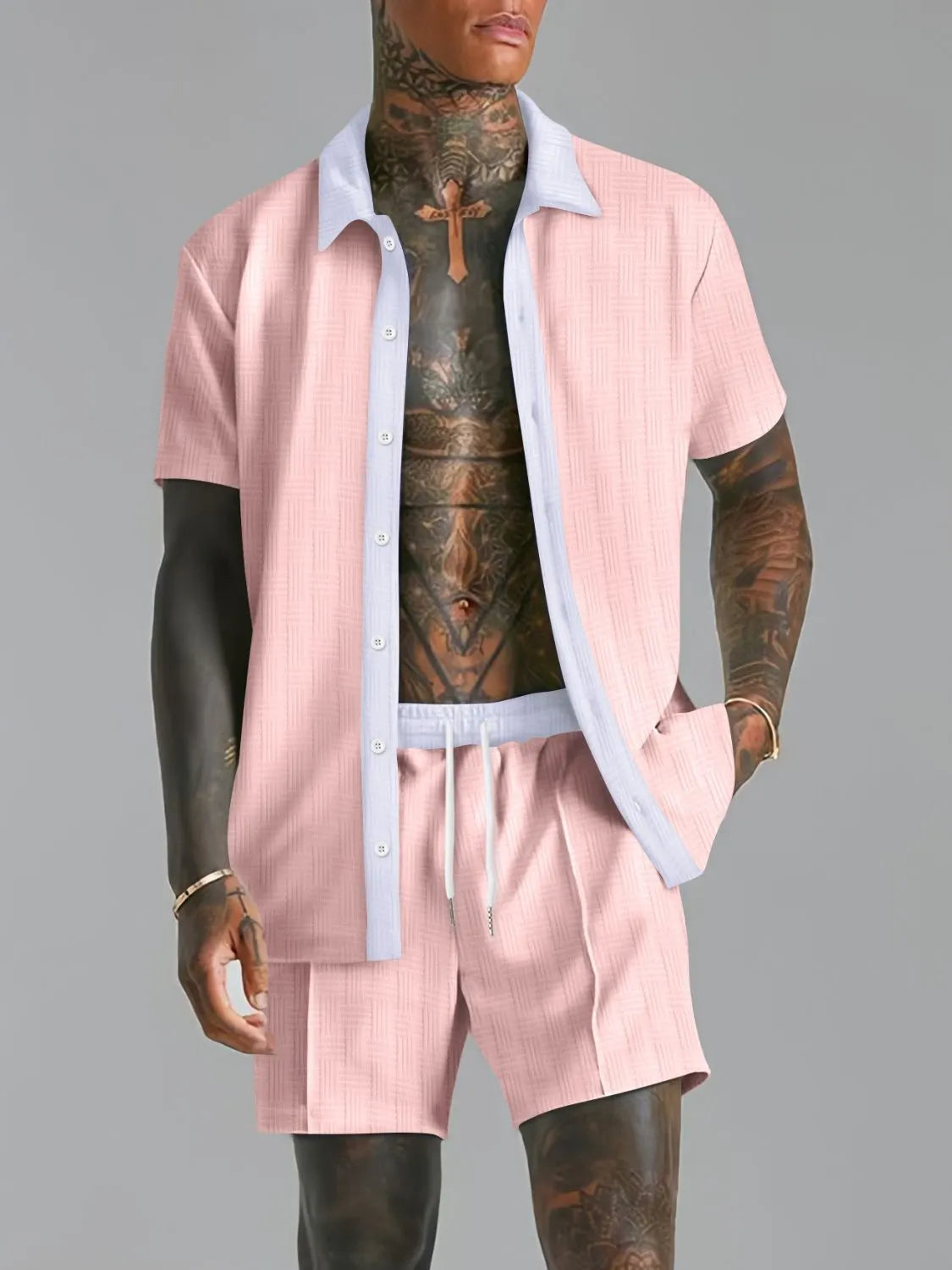 Collared Neck Short Sleeve Top and Shorts Set Plus Size in Tan for Men
